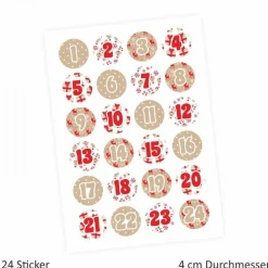 24 Adventskalender Zahlen Aufkleber ROT/BEIGE - rund 4 cm Ø - Sticker Weihnachten zum basteln dekorieren DIY