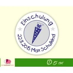 15 Aufkleber | Einschulung - Schultüte mit Sternchen - weiß blau - personalisierbar