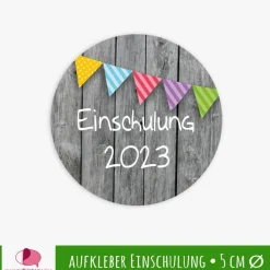 15 Aufkleber | Einschulung - Bunte Wimpel - personalisierbar | Schulanfang, Aufkleber zur Einschulung in Holzoptik grau