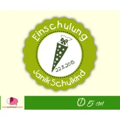 15 Aufkleber | Einschulung - Schultüte mit Sternchen - grün weiß - personalisierbar