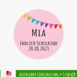 15 Aufkleber | Endlich Schulkind rosa - Bunte Wimpel  - personalisierbar | Schulanfang, Kinderparty