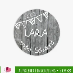 15 Aufkleber | Endlich Schulkind - Wimpel - personalisierbar | Schulanfang, Aufkleber in Holzoptik grau