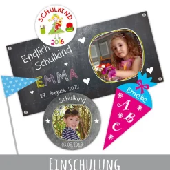 15 Aufkleber | endlich Schulkind rosa - bunte Wimpel - personalisierbar | Schulanfang, Tafeloptik