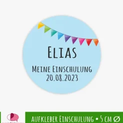 15 Aufkleber | Meine Einschulung hellblau - Bunte Wimpel  - personalisierbar | Schulanfang, Kinderparty