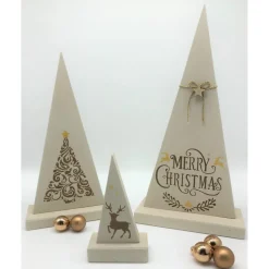 3 edle Tannenbäume aus Holz auf Holzsockel; creme, braun, gold