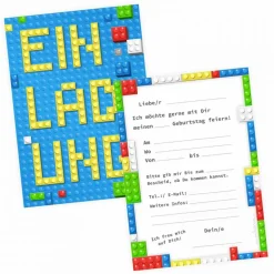 10 Einladungskarten Bauklötze Bausteine Bricks inkl. 10 transparenten Briefumschlägen Kindergeburtstag Mädc