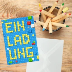 10 Einladungskarten Bauklötze Bausteine Bricks inkl. 10 transparenten Briefumschlägen Kindergeburtstag Mädc