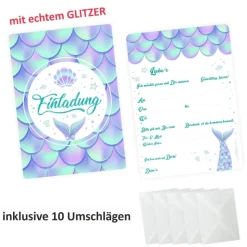10 Einladungskarten Meerjungfrau mit GLITZER inkl. 10 transparenten Briefumschlägen Kindergeburtstag Einladung Mä