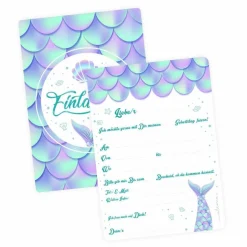 10 Einladungskarten Meerjungfrau mit GLITZER inkl. 10 transparenten Briefumschlägen Kindergeburtstag Einladung Mä