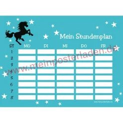 4 er Set  A4 Stundenplan + Lernposter + Heftaufkleber  | Wildpferd - türkis