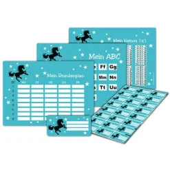 4 er Set  A4 Stundenplan + Lernposter + Heftaufkleber  | Wildpferd - türkis