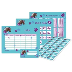 4 er Set  A4 Stundenplan + Lernposter + Heftaufkleber  | Pony Blumen - türkis lila