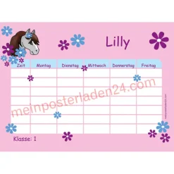 4 er Set  A4 Stundenplan + Lernposter + Heftaufkleber  | Pony Blumen - rosa