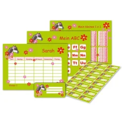 4 er Set  A4 Stundenplan + Lernposter + Heftaufkleber  | Pony Blumen - grün