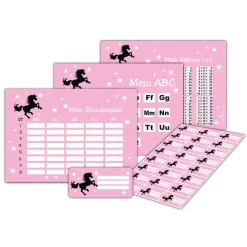 4 er Set  A4 Stundenplan + Lernposter + Heftaufkleber  | Wildpferd - rosa