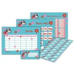 4 er Set  A4 Stundenplan + Lernposter + Heftaufkleber  | Pony Blumen - türkis rot