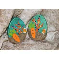 2 er-Set Ostereier KÜKEN Collage Acrylmalerei auf einem flachen Pappmachè-Ei Künstler-Ei Osterei Osterdeko Osterkunst