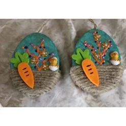 2 er-Set Ostereier KÜKEN Collage Acrylmalerei auf einem flachen Pappmachè-Ei Künstler-Ei Osterei Osterdeko Osterkunst