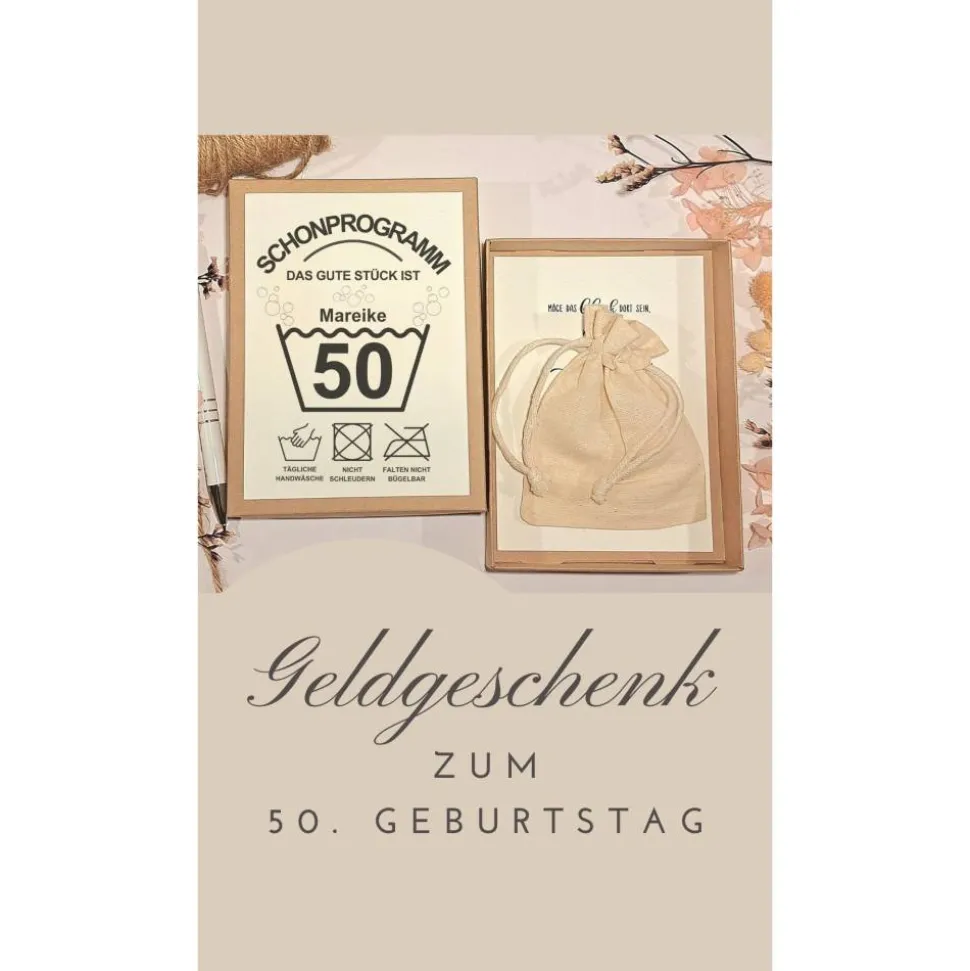 50. Geburtstag Geldgeschenk Box – Humorvolle Geschenkidee mit Karte & Leinensäckchen