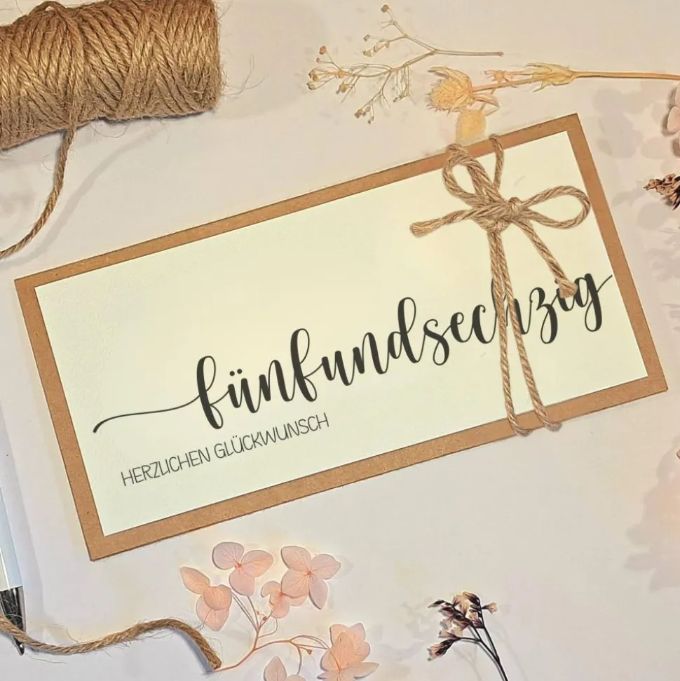 65. Geburtstag Geldgeschenk Karte – Personalisierte Glückwunschkarte aus Kraftpapier mit Juteschleife