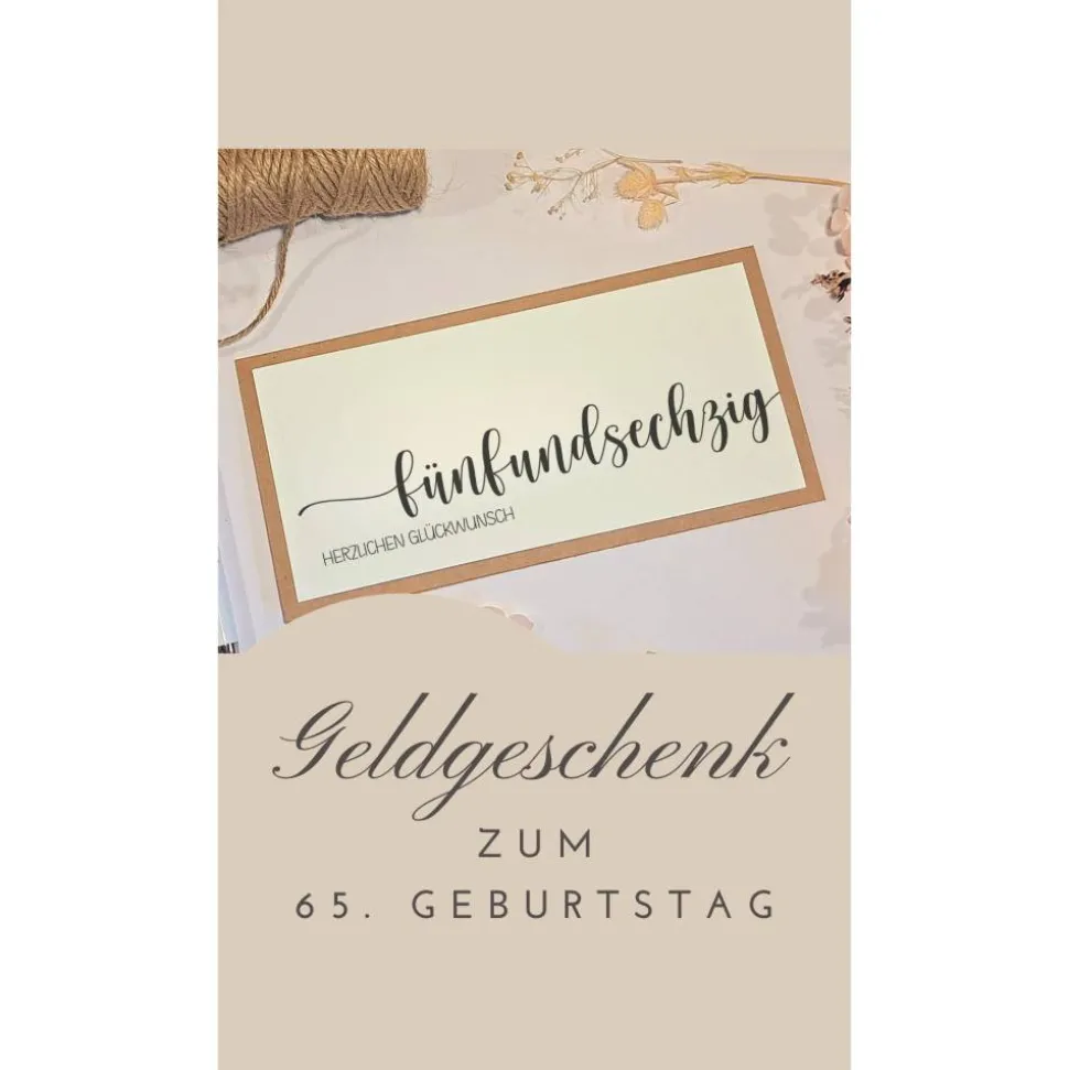 65. Geburtstag Geldgeschenk Karte – Personalisierte Glückwunschkarte aus Kraftpapier mit Juteschleife