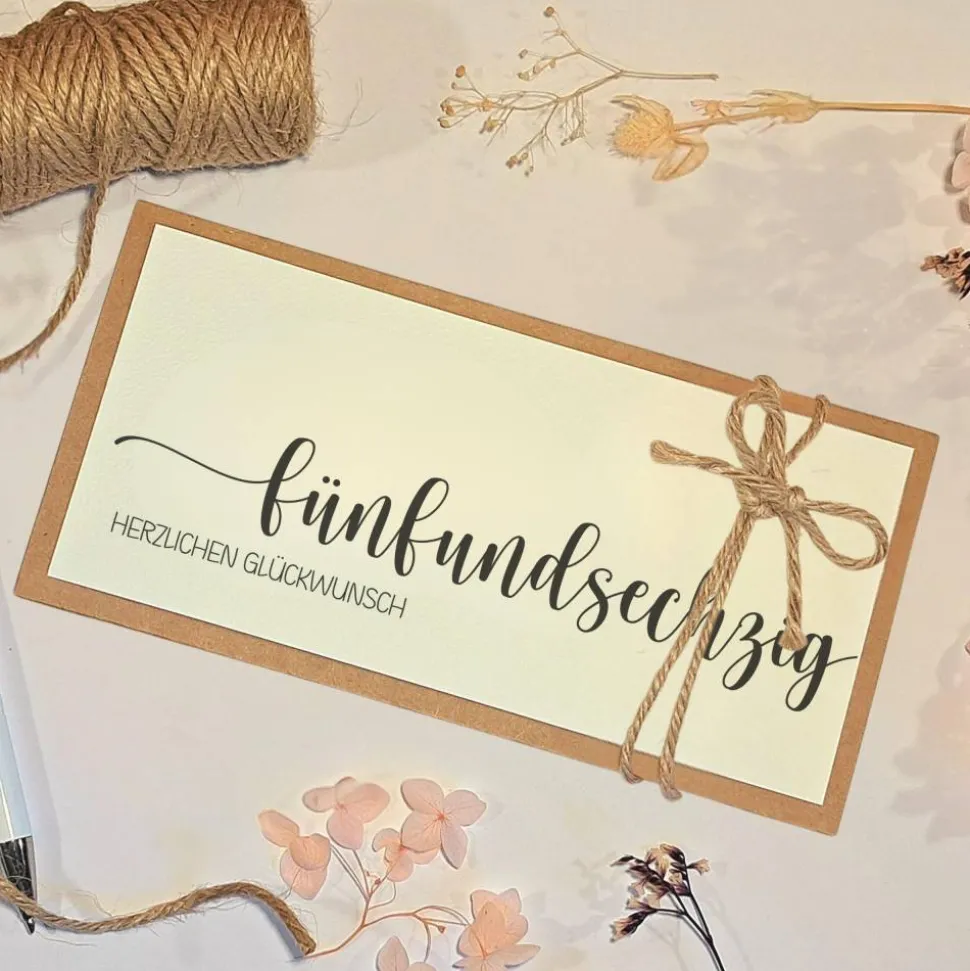 65. Geburtstag Geldgeschenk Karte – Personalisierte Glückwunschkarte aus Kraftpapier mit Juteschleife