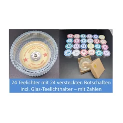 24 geheime Botschaften in Teelichtern – Adventskalender mit Glasteelichthalter & Geschenkbox
