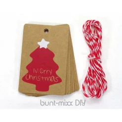 12 Geschenkanhänger Merry Christmas mit Twine Geschenkband rot weiß X-Mas Anhänger Tannenbaum Stern