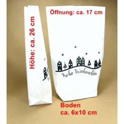 10 Geschenktüten weiß FROHE WEIHNACHTEN, große Kraftpapierbodenbeutel, mit Aufkleber Weihnachtsdorf