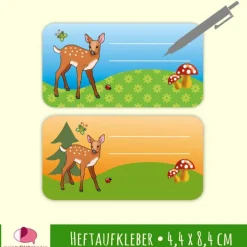 12 Heftaufkleber | Reh - Schulaufkleber zum selbstbeschriften - 4,4 x 8,4 cm