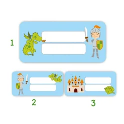 24 Heftaufkleber | Ritter & Drache blau - Schulaufkleber zum selbstbeschriften - 3,0 x 6,5 cm