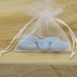 5 Hochzeitsmandeln / Taufmandeln / Zucker-Mandeln mit eigenem Text • im Organzabeutel • »personalisiert«