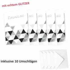 10 Klapp-Einladungskarten Dreiecke Glitzer inkl. 10 weißen Briefumschlägen - Hochzeit Geburtstag Konfirmation J