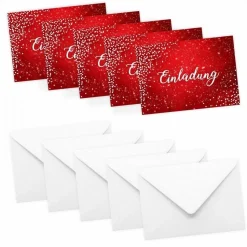 10 Klapp-Einladungskarten Rot Glitzer inkl. 10 weißen Briefumschlägen - Hochzeit Geburtstag Konfirmation Jubil&