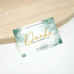 100 kleine Hochzeit Dankeskarte 02 | Grün goldfarben Aquarell Hintergrund | Personalisiert mit Namen und Datum