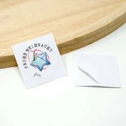 24 Namensaufkleber, blauer Origami Stern | selbst beschriften | Weihnachten Aufkleber | rund, 4 cm