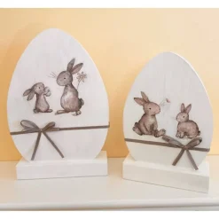 2 Ostereier aus Holz auf Sockel, weiß/taupe, Ostern