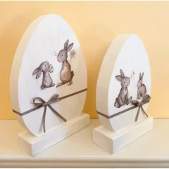 2 Ostereier aus Holz auf Sockel, weiß/taupe, Ostern