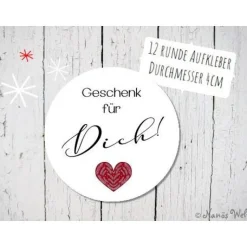 12 Papieraufkleber mit Aufschrift Geschenk für dich in rot mit schwarz weiß 4cm rund