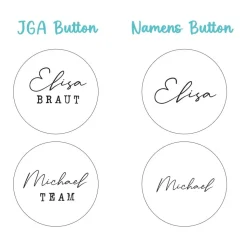 10 personalisierte Hochzeit JGA Button, Stil 03 | runde 32mm Namen Button | Junggesellenabschied Namensbutton