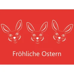 5 Postkarten Fröhliche Ostern, mit fröhlichen Hasen auf Rot