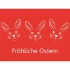 3 Postkarten Fröhliche Ostern, mit drei lachenden, stilisierten Osterhasen auf Rot