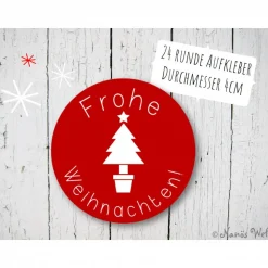 24 rote Aufkleber mit weißem Weihnachtsbaum Frohe Weihnachten rund