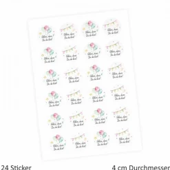 24 "Schön, dass Du da bist!" Aufkleber - Aquarell Luftballon Wimpelkette - rund 4 cm Ø - Sticker Hochzeit Gastgeschenk