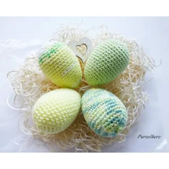 4 umhäkelte Ostereier zur Tischdeko - Gastgeschenk,Ostern,Muttertag,Dekoeier,festlich,modern,easter,sammeln,gelb,grün