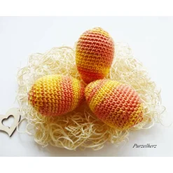 3 umhäkelte Ostereier zur Tischdeko - Gastgeschenk,Ostern,Muttertag,Dekoeier,festlich,modern,gelb,pfirsich