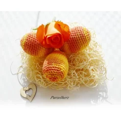 3 umhäkelte Ostereier zur Tischdeko - Gastgeschenk,Ostern,Muttertag,Dekoeier,festlich,modern,gelb,pfirsich