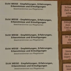 5 verschiedene Karten mit Empfehlungen, Erfahrungen, Erkenntnissen und Ermutigungen von Bewohnern aus Pflegeheimen