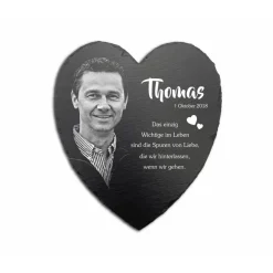 15 x 17 cm Schieferherz mit Gravur – personalisierter Gedenkstein mit Foto & Wunschtext als wetterfester Grabschmuck
