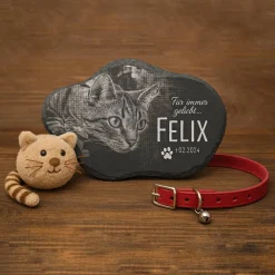 30 x 20 cm Wolke Schiefertafel mit Gravur – Personalisierter Gedenkstein mit Foto & Wunschtext – Tiere